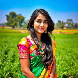 A beautiful Bangladeshi girl with traditional clothing, featuring a vibrant saree, intricate jewelry, and henna tattoos on her hands