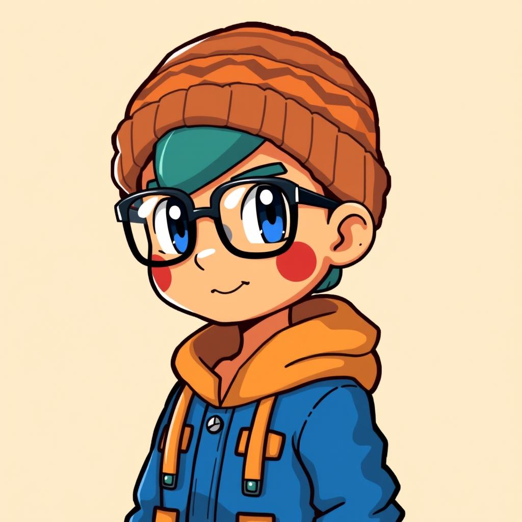 A sprite of a Pokémon trainer wearing a blue and orange outfit