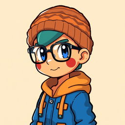 A sprite of a Pokémon trainer wearing a blue and orange outfit