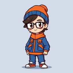 A sprite of a Pokémon trainer wearing a blue and orange outfit