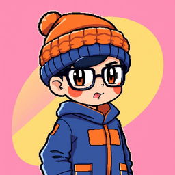 A sprite of a Pokémon trainer wearing a blue and orange outfit