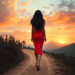 A young audacious woman with long black hair, wearing a vibrant red dress, walking ahead on a winding path symbolic of the journey of writing a book, focused on life lessons about authenticity, sensitivity, and growth