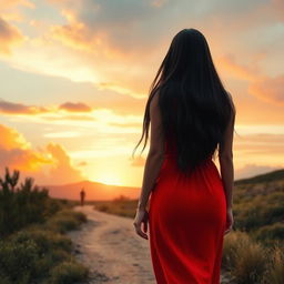 A young audacious woman with long black hair, wearing a vibrant red dress, walking ahead on a winding path symbolic of the journey of writing a book, focused on life lessons about authenticity, sensitivity, and growth