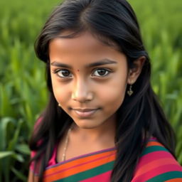 A beautiful Bangladeshi girl with expressive eyes, wearing traditional attire such as a vibrant sari