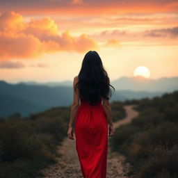 A young audacious woman with long black hair, wearing a vibrant red dress, walking ahead on a winding path symbolic of the journey of writing a book, focused on life lessons about authenticity, sensitivity, and growth