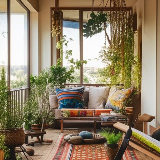 A boho style living room with a balcony, adorned with eclectic furniture, colorful textiles, houseplants, and a scenic view outside.