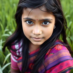 A beautiful Bangladeshi girl with expressive eyes, wearing traditional attire such as a vibrant sari