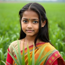 A beautiful Bangladeshi girl with expressive eyes, wearing traditional attire such as a vibrant sari