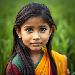 A beautiful Bangladeshi girl with expressive eyes, wearing traditional attire such as a vibrant sari