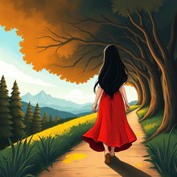 An illustrated artwork depicting a young audacious woman with long black hair, wearing a vibrant red dress, walking far ahead on a path that represents the journey of writing a book