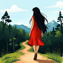 An illustrated artwork depicting a young audacious woman with long black hair, wearing a vibrant red dress, walking far ahead on a path that represents the journey of writing a book