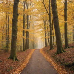 A serene autumn landscape with golden leaves falling from tall, majestic trees, featuring a winding path leading into a picturesque forest