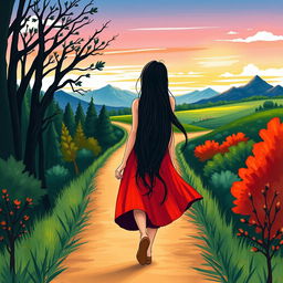 An illustrated artwork depicting a young audacious woman with long black hair, wearing a vibrant red dress, walking far ahead on a path that represents the journey of writing a book