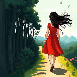 An illustrated artwork depicting a young audacious woman with long black hair, wearing a vibrant red dress, walking far ahead on a path that represents the journey of writing a book