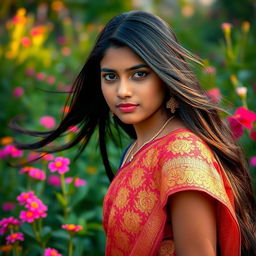 A beautiful and elegant 18-year-old Bangladeshi girl with expressive dark eyes and long, flowing black hair