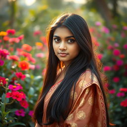 A beautiful and elegant 18-year-old Bangladeshi girl with expressive dark eyes and long, flowing black hair