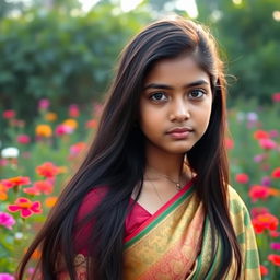 A beautiful and elegant 18-year-old Bangladeshi girl with expressive dark eyes and long, flowing black hair