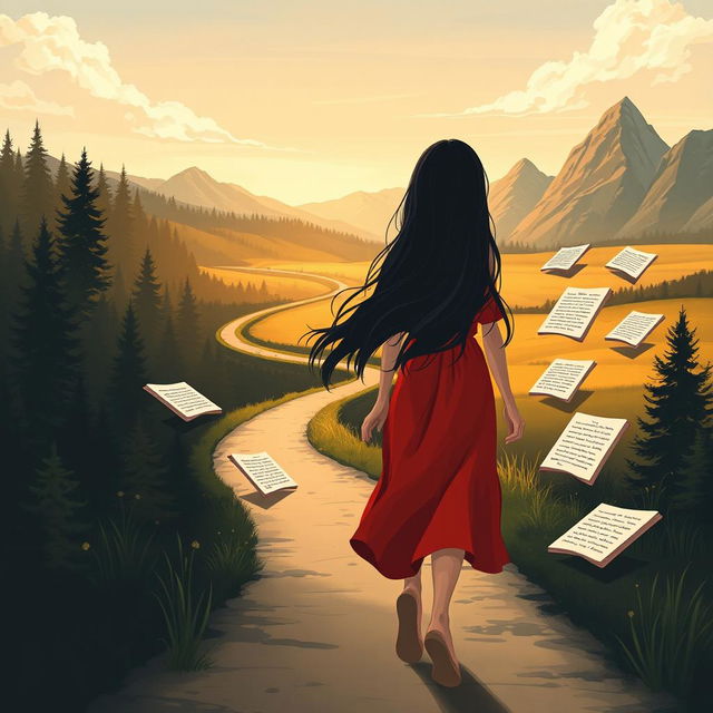 An illustrative scene capturing a young audacious woman with long black hair, in a striking red dress, walking ahead on a meandering path, embodying the journey of writing a book filled with life lessons on authenticity, sensitivity, and growth