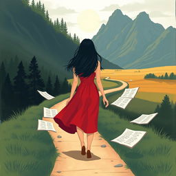 An illustrative scene capturing a young audacious woman with long black hair, in a striking red dress, walking ahead on a meandering path, embodying the journey of writing a book filled with life lessons on authenticity, sensitivity, and growth