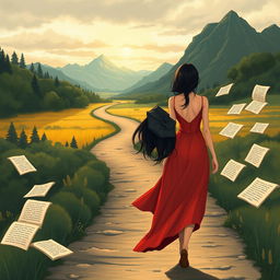 An illustrative scene capturing a young audacious woman with long black hair, in a striking red dress, walking ahead on a meandering path, embodying the journey of writing a book filled with life lessons on authenticity, sensitivity, and growth