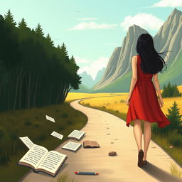 An illustrative scene capturing a young audacious woman with long black hair, in a striking red dress, walking ahead on a meandering path, embodying the journey of writing a book filled with life lessons on authenticity, sensitivity, and growth