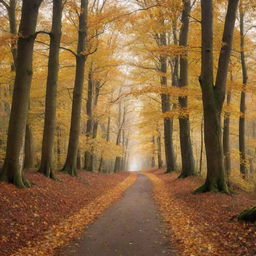 A serene autumn landscape with golden leaves falling from tall, majestic trees, featuring a winding path leading into a picturesque forest