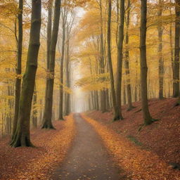 A serene autumn landscape with golden leaves falling from tall, majestic trees, featuring a winding path leading into a picturesque forest