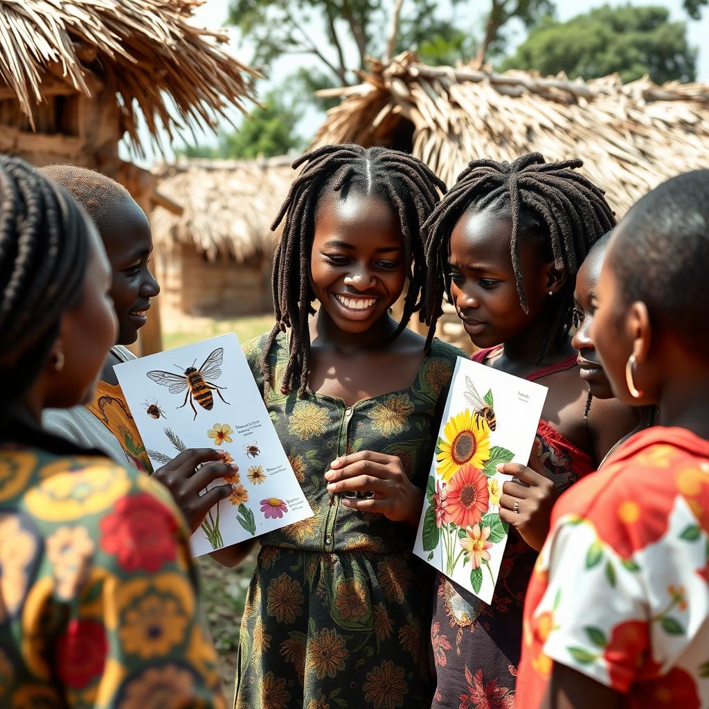 In a rural African village with grass-thatched houses, an African teenage girl with locs engages in conversation with her friends and family