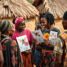 In a rural African village with grass-thatched houses, an African teenage girl with locs engages in conversation with her friends and family