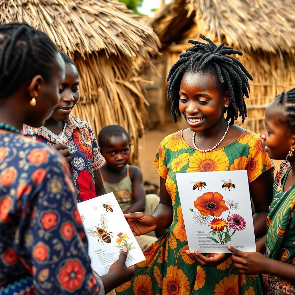 In a rural African village with grass-thatched houses, an African teenage girl with locs engages in conversation with her friends and family