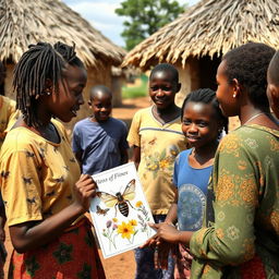 In a rural African village with grass-thatched houses, an African teenage girl with locs engages in conversation with her friends and family