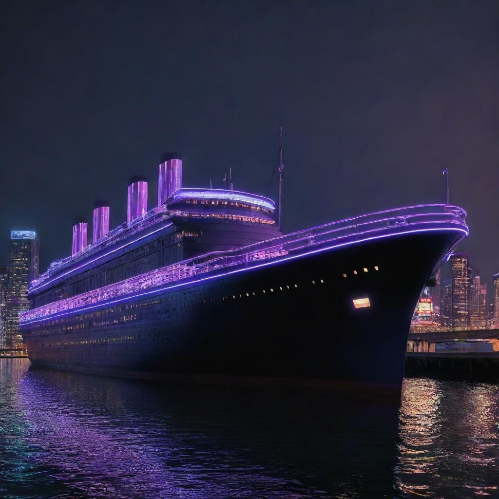 A reinterpretation of the Titanic as a cyberpunk vessel, with neon lights reflecting on its glossy dark metal framework. The ship glides through a dystopian harbor filled with high-rise buildings adorned with luminous billboards under a neon-tinted, night sky.