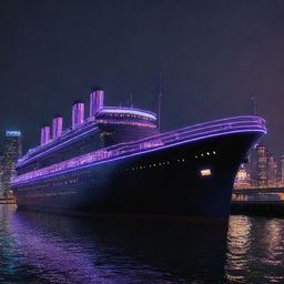 A reinterpretation of the Titanic as a cyberpunk vessel, with neon lights reflecting on its glossy dark metal framework. The ship glides through a dystopian harbor filled with high-rise buildings adorned with luminous billboards under a neon-tinted, night sky.
