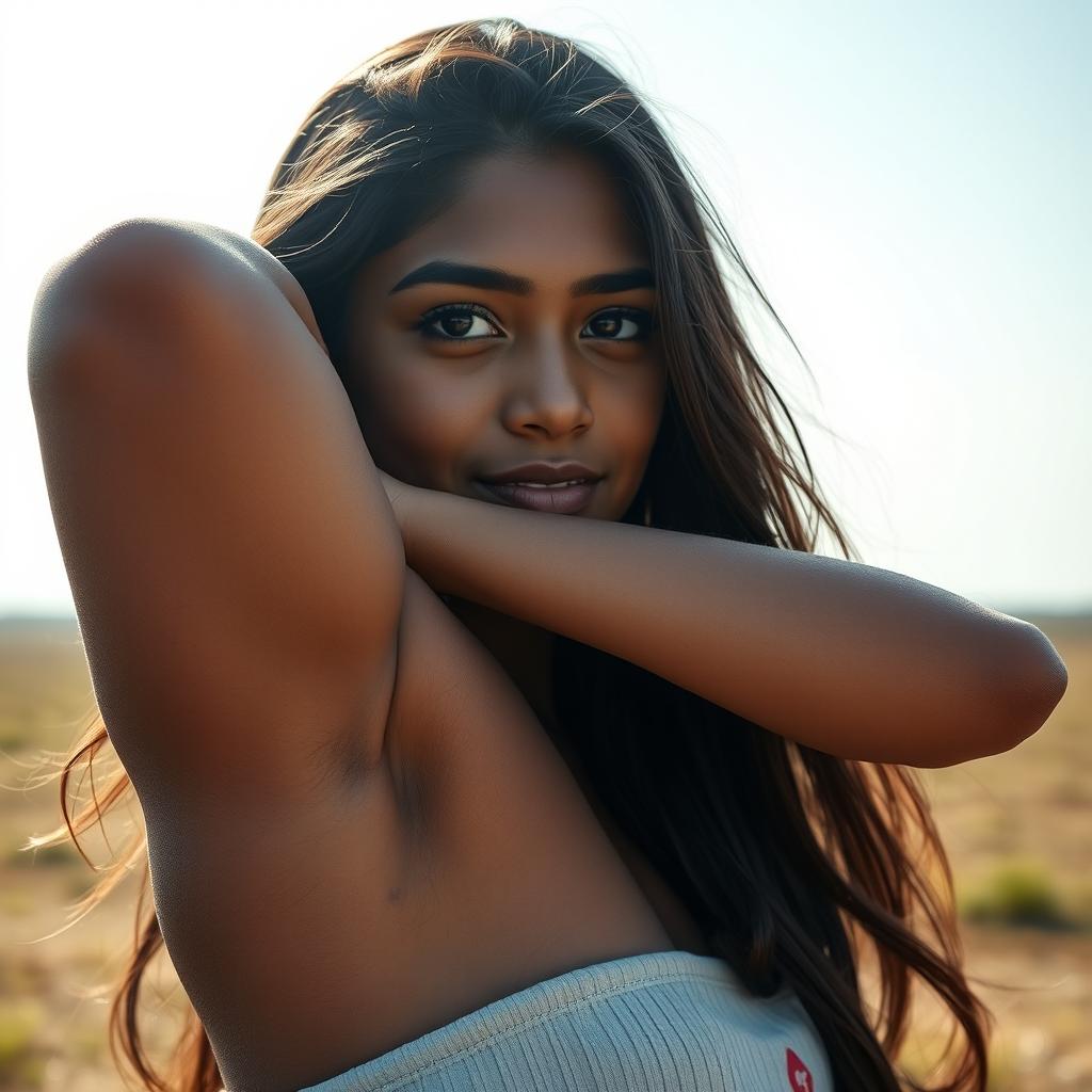 A confident Bangladeshi 18-year-old girl displaying her natural beauty with a focus on her black unshaven armpit, glistening with sweat