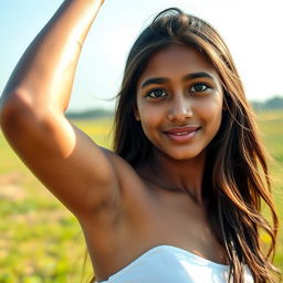 A confident Bangladeshi 18-year-old girl displaying her natural beauty with a focus on her black unshaven armpit, glistening with sweat