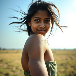 A confident Bangladeshi 18-year-old girl displaying her natural beauty with a focus on her black unshaven armpit, glistening with sweat