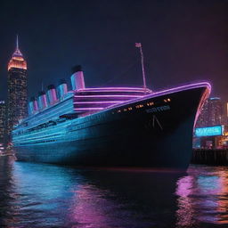 A reinterpretation of the Titanic as a cyberpunk vessel, with neon lights reflecting on its glossy dark metal framework. The ship glides through a dystopian harbor filled with high-rise buildings adorned with luminous billboards under a neon-tinted, night sky.