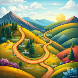 An imaginative illustration of a winding path featuring 30 distinct stops, each representing a life lesson tied to learning, growth, and self-development