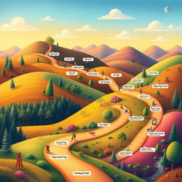 An imaginative illustration of a winding path featuring 30 distinct stops, each representing a life lesson tied to learning, growth, and self-development