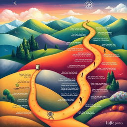 An imaginative illustration of a winding path featuring 30 distinct stops, each representing a life lesson tied to learning, growth, and self-development