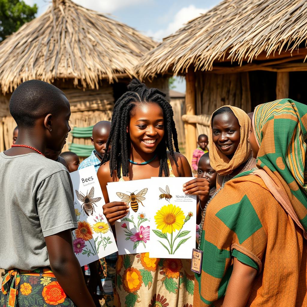 In a rural African village with grass-thatched houses, an African teenage girl with locs engages in conversation with her friends and the village adults