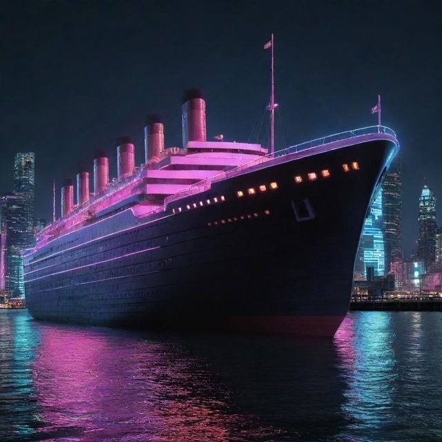 A reinterpretation of the Titanic as a cyberpunk vessel, with neon lights reflecting on its glossy dark metal framework. The ship glides through a dystopian harbor filled with high-rise buildings adorned with luminous billboards under a neon-tinted, night sky.