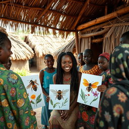 In a rural African village with grass-thatched houses, an African teenage girl with locs engages in conversation with her friends and the village adults