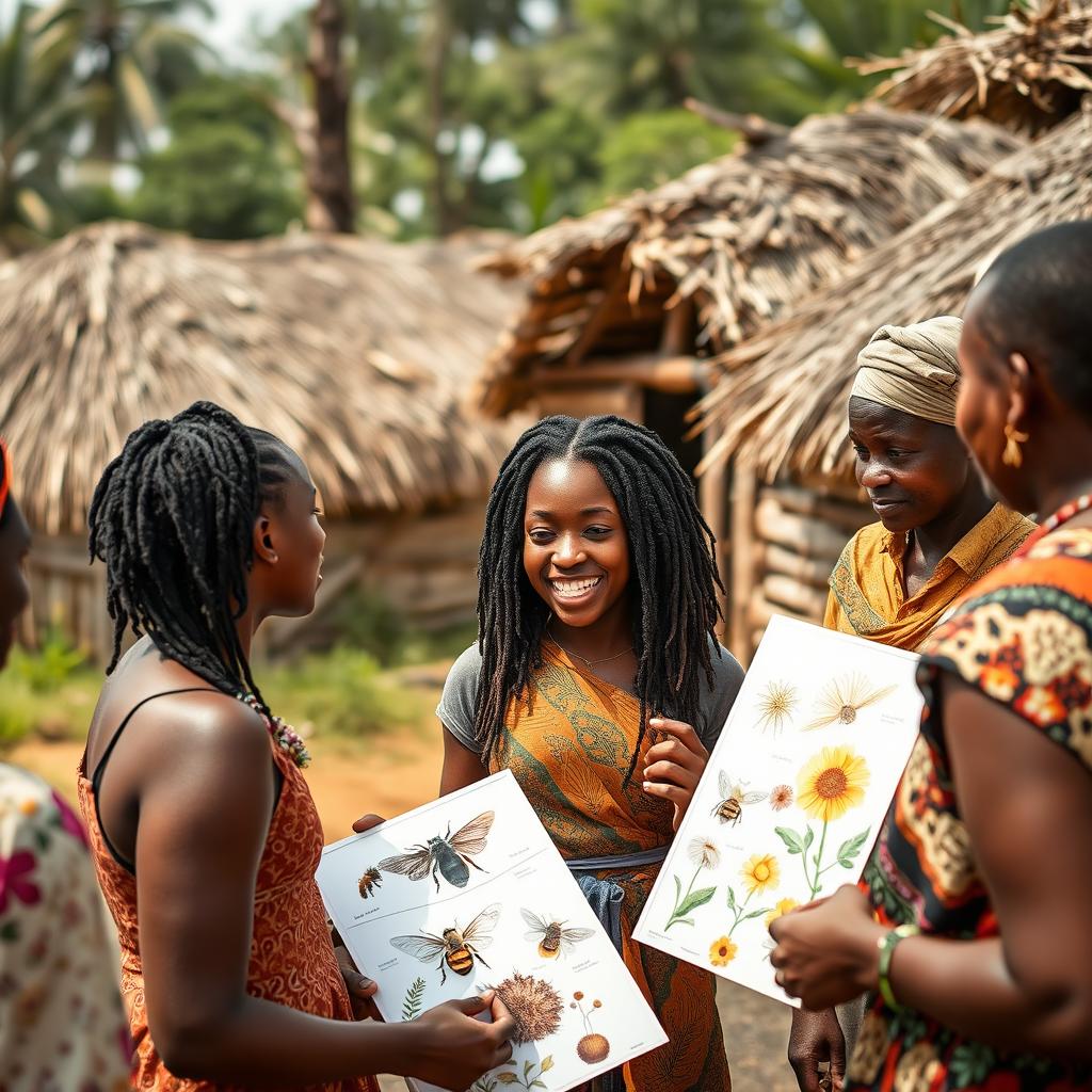 In a rural African village with grass-thatched houses, an African teenage girl with locs engages in conversation with her friends and the village adults