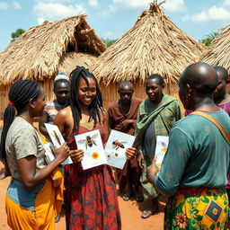 In a rural African village with grass-thatched houses, an African teenage girl with locs engages in conversation with her friends and the village adults