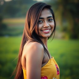 A confident Bangladeshi 18-year-old girl exhibiting her natural, unapologetic beauty, focusing on her black unshaven armpit, softly glistening with sweat