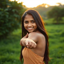 A confident Bangladeshi 18-year-old girl exhibiting her natural, unapologetic beauty, focusing on her black unshaven armpit, softly glistening with sweat