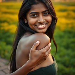 A confident Bangladeshi 18-year-old girl exhibiting her natural, unapologetic beauty, focusing on her black unshaven armpit, softly glistening with sweat