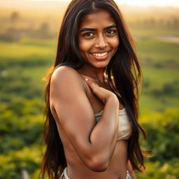 A confident Bangladeshi 18-year-old girl exhibiting her natural, unapologetic beauty, focusing on her black unshaven armpit, softly glistening with sweat