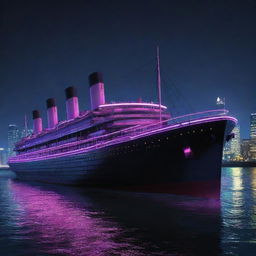 A reinterpretation of the Titanic as a cyberpunk vessel, with neon lights reflecting on its glossy dark metal framework. The ship glides through a dystopian harbor filled with high-rise buildings adorned with luminous billboards under a neon-tinted, night sky.